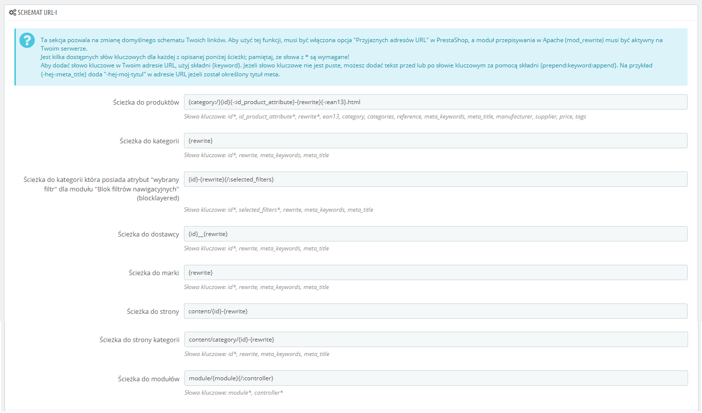 Optymalizacja SEO sklepu Prestashop - schemat tworzenia adresów URL